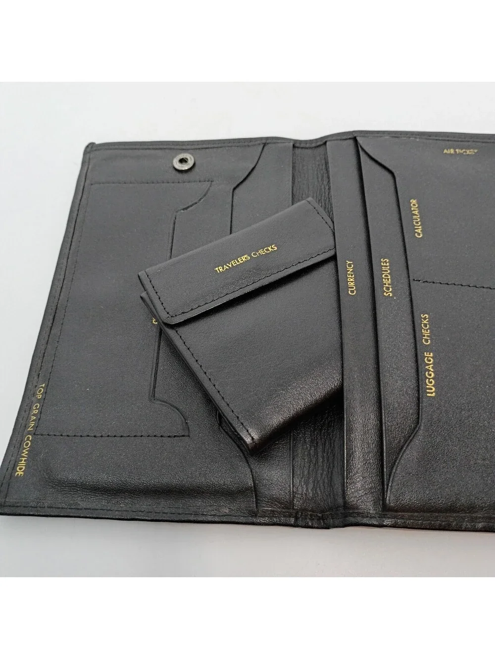 Black Cowhide Leather Travel Wallet Travelers Checks Airline Tickets Etc
